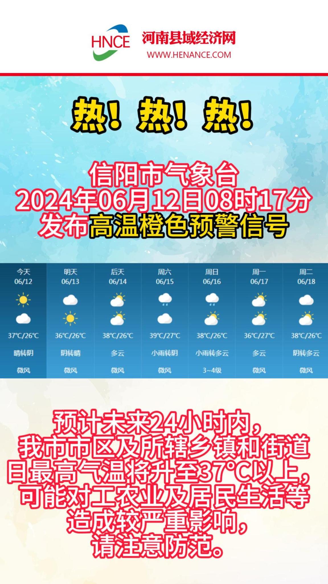 信阳市气象台2024年06月12日08时17分发布高温橙色预警信号