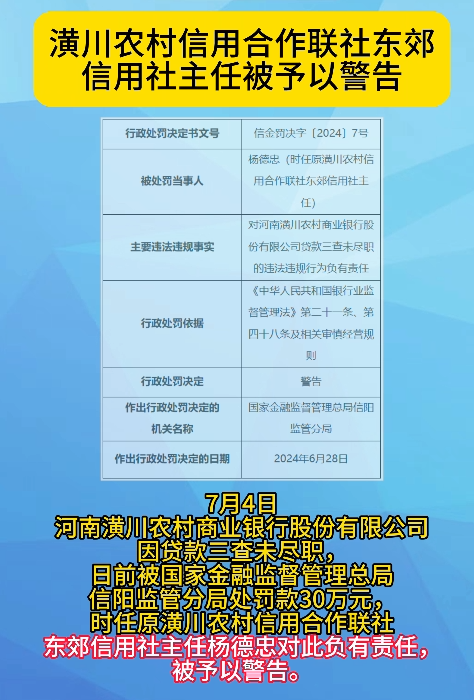 信用社主任被予以警告
